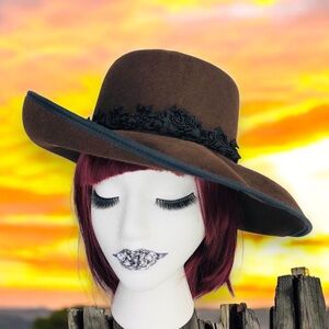 Vtg 60s Women Street Smart Wool Dark Brown Hat Black Lace Fairy Grunge Church US